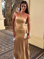 Women Solid Pleated  Hem Patchwork Long Dress Fashion Backless Strapless Sleeveless Slim Maxi Dresses Sexy Vocation Streetwear