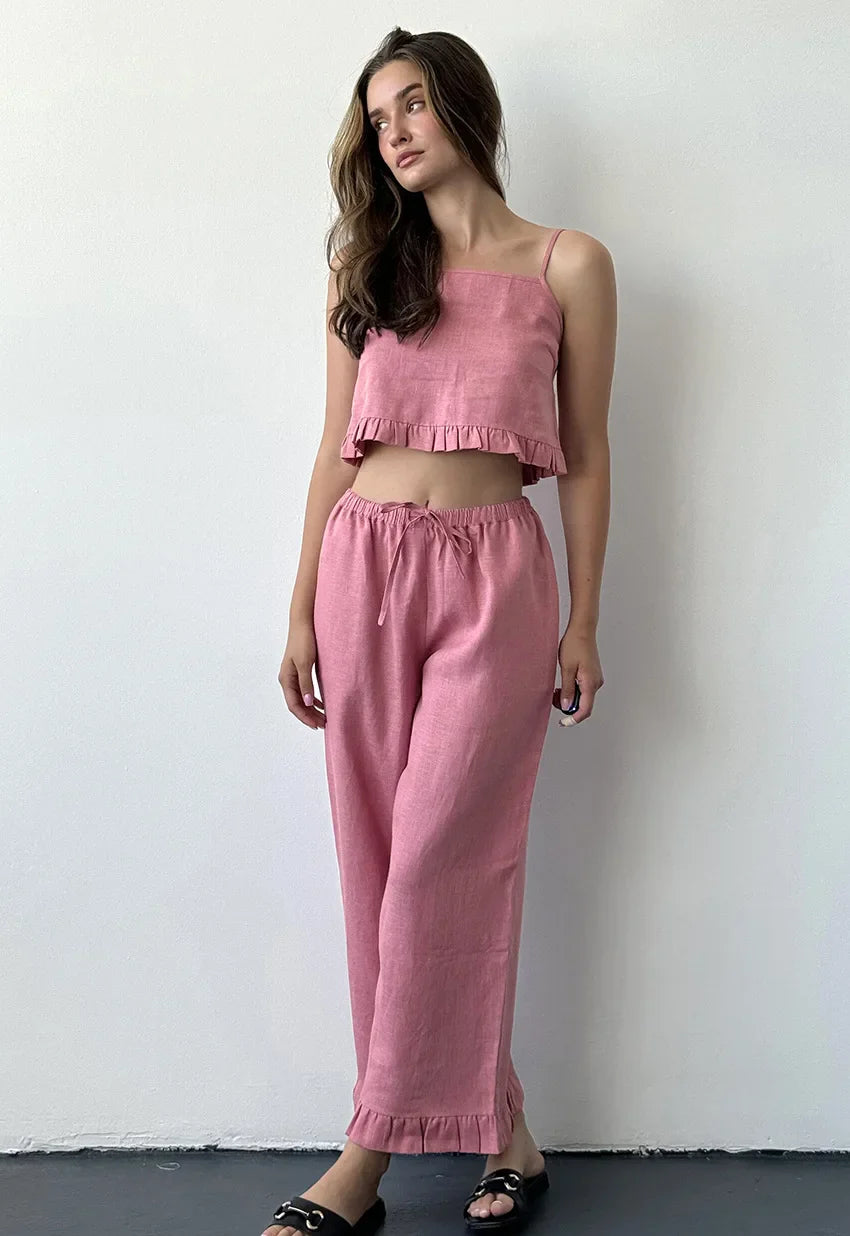 100% Cotton Ruffle Camisole And Loose Long Trouser Two Piece Set 2025 New Casual Summer Women Sets Homewear Sleepwear Pajamas