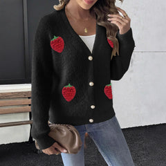 Pbong  Ladies Faux Fur Jacket Pearl Button Embroidered Strawberry Splicing Open Cardigan Polyester Street Style Winter Sweater