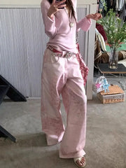 Pink Vintage Leopard Women Jeans Wide Leg American Retro Denim Pants Baggy High Waist Animal Print Trousers Gyaru New