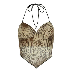 Fashion Trendy Leopard Short Women's Tank Sleeves V-Neck Ruched Fabric Slim Fit Camisole Y2k Chic