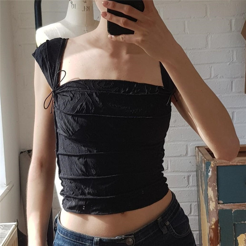 Y2K Cute Bow Lace Up Crop Top Aesthetic Texture Square-neck Sleeveless T Shirt Summer Women Streetwear Slim Tees