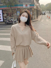 Harajuku Vintage Sweet V-neck Wool Sweater and Pleated Mini Skirt Folds Two Piece Sets Womens Festival Outifits Winter