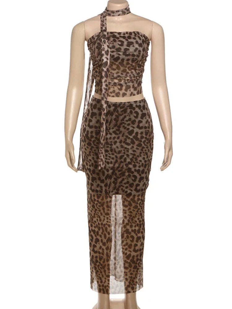 Leopard Print Skirt Suit Women's Sexy Strapless Vest Ribbon Mesh Spliced Long Skirt Fashion High Waist Two Piece Set