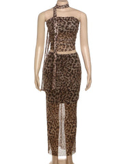 Leopard Print Skirt Suit Women's Sexy Strapless Vest Ribbon Mesh Spliced Long Skirt Fashion High Waist Two Piece Set