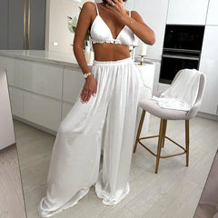 Sexy Ruffle Bras + Cardigan + Wide Leg Pant Sets 2025 New Spring Summer White Three Piece Set Casual Loose Homwear Beach Suit