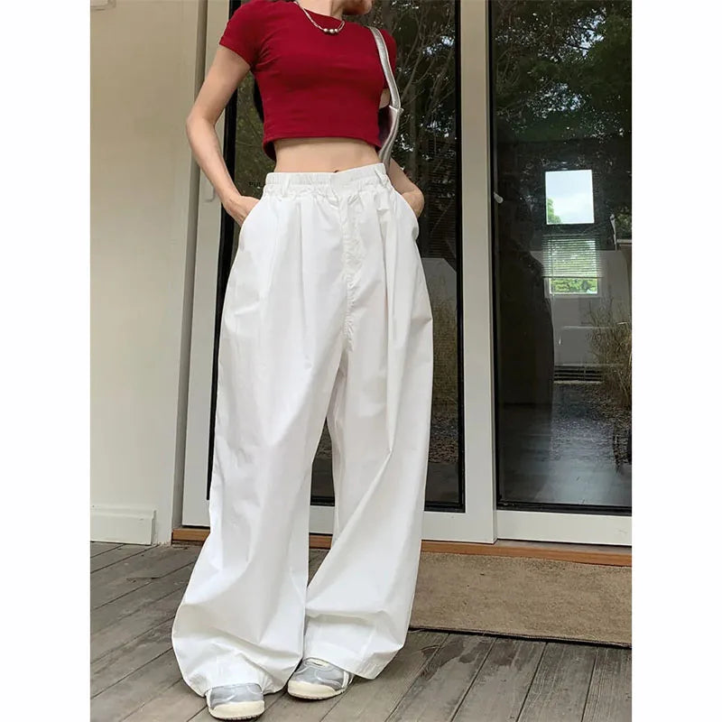 Y2K White Hip Hop Wide Leg Pants Women Autumn High Waist Korean Oversized Cargo Trousers Loose Chic All Match Streetwear