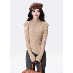 Personality Hollow Out Design Base Sweaters Harajuku Japan Y2k Aesthetic Half High Collar Tops Korean Asymmetrical Clothes