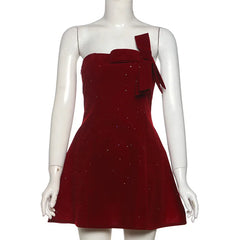 Trendix Sequins Tube Top Dress Ladies Fashion Bow Patchwork High Waist Sleeveless Mini Dress Party Sexy Off Shoulder Dress Women