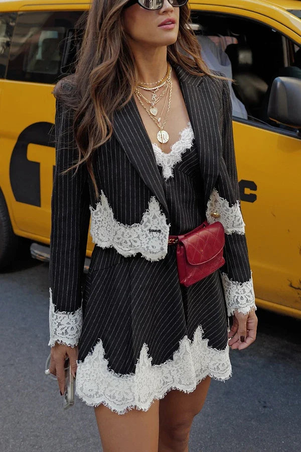 Spring Lace Patchwork Streetwear Dress Of Set 2025 New Fashion Stripe Blazer Coat And Slip Short Dress Fashion Two Piece Set