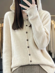 Autumn And Winter New 100% Pure Wool Hooded Cardigan Women's Solid Color Sweater Loose Hoodie Knitted Cashmere Sweater  229