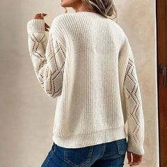 Pbong  Solid V Neck Knitted Sweater, Hollow Out Long Sleeve Casual Sweater For Fall Winter Women's Clothing
