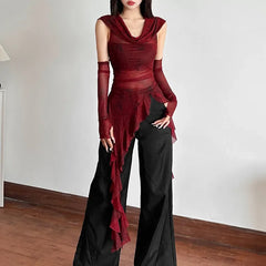 Streetwear 90s Grunge Mesh See Through Hooded Tops Cyber Y2K Irregular Hem Ruffles Hoodie Women Slim Blouse with Cuffs