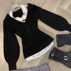 Autumn Winter Fashion Knitted V Neck Long Sleeve Sweaters Y2k Aesthetic Slim Waist Casual Clothing Harajuku Vintage Pullovers