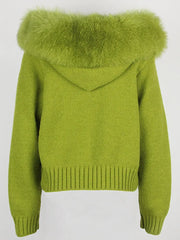 Fashion Autumn Winter Casual Hooded Real Fox Fur Collar Fashion Short Knitted Jacket with Natural Fur Coat for Women