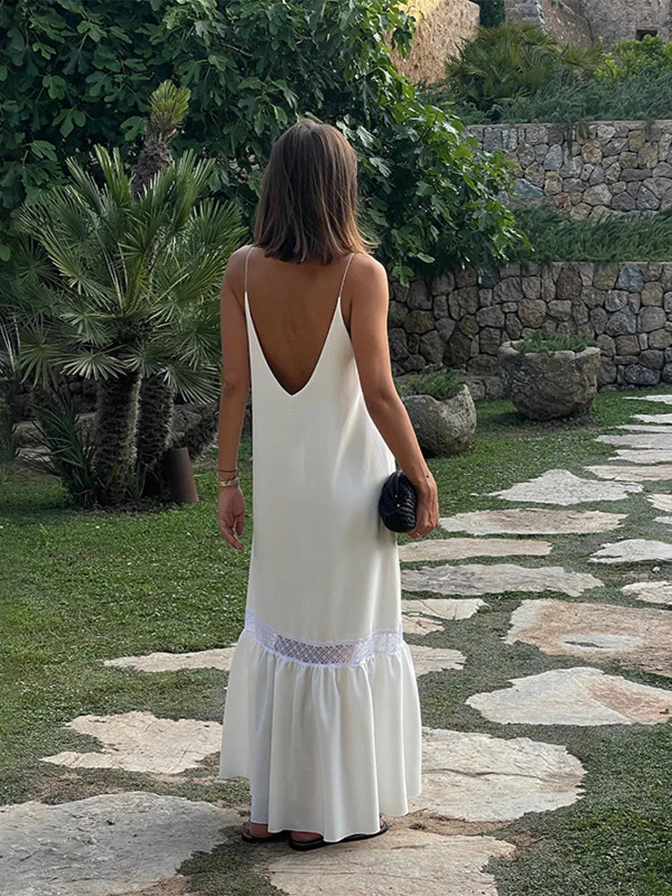 Summer Women Backless Sling Dress Sexy Loose V Neck Sleeveless Split Maxi Dresses  New Female Beach Vacation Party Robes