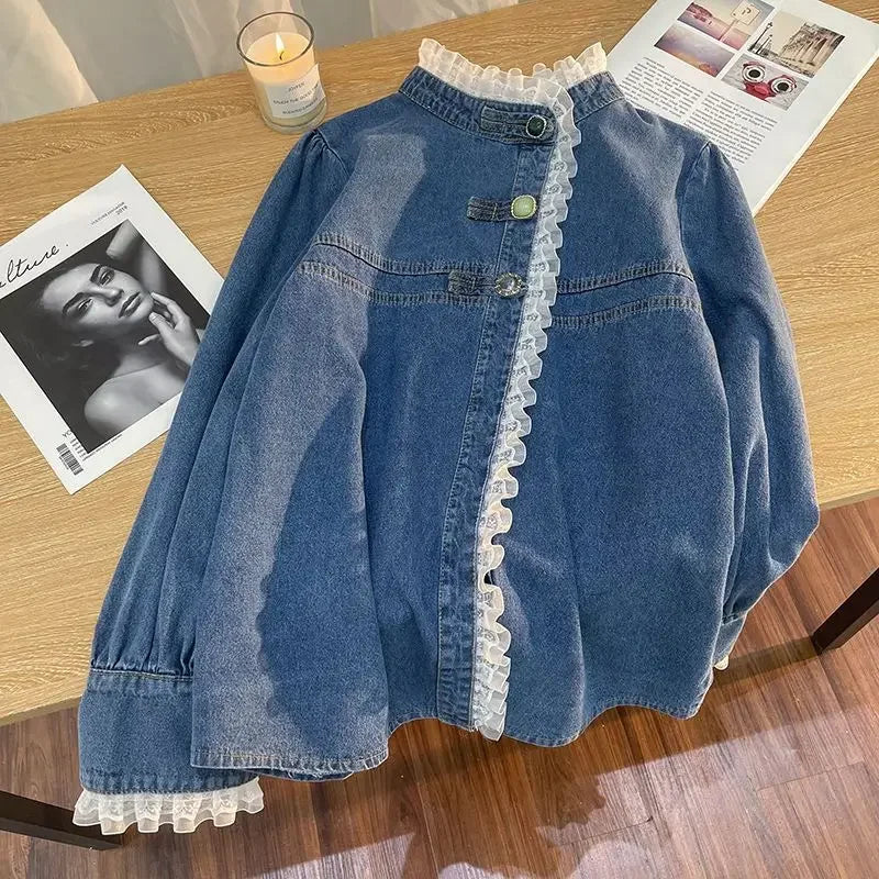Fashion Lace Denim Shirt Women Clothing Autumn/Winter Retro Loose Casual Jackets Ruffled Collar Long Sleeve Blouses Women Tops