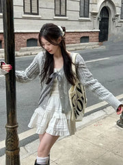Korean Fashion Grey Cardigans Women Sweet Gil Bow Bandage Coquette Knitted Sweater Mujer Casual Long Sleeve Tops Autumn