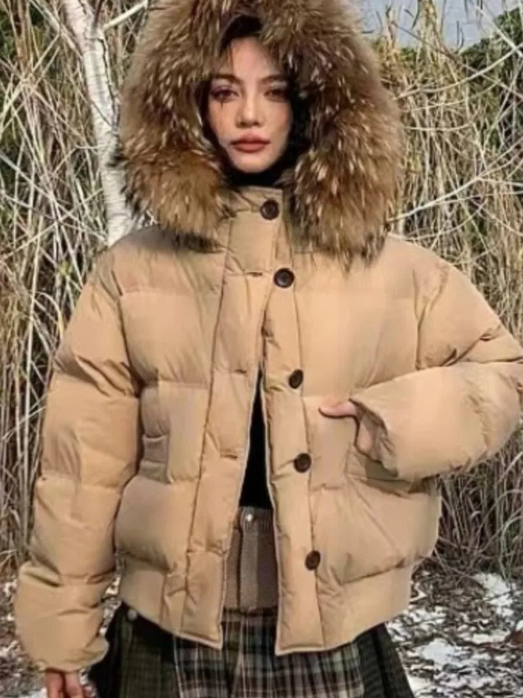 Women New Fall Winter Hooded Button Coat with Large Fur Collar Retro Office Christmas Fashion Jacket  Retro Commute Outfits New