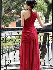 Womens Sexy Red Sleeveless Dresses Elegant Tie Flower Diagonal Collar Birthday Party Dress Summer Holiday Beach Pleated Vestidos