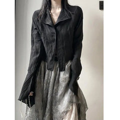 Fashion Japan High Street Vintage Blouses Y2k Aesthetic Harajuku Punk Striped Personality Shirts Slim All Match Autumn Clothing