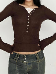 Simple Fashion Fake 2 Piece Women's Tops Long Sleeve Button Skinny Fashion Spliced Autumn Trendy Base T-Shirts Causal