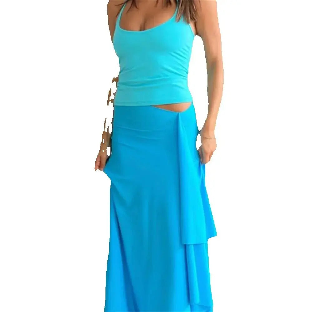 Vacation Solid Two-Piece Set Women Lace-Up Halter Backless Low-Neck Tops+Tassel Skirts Summer Simple Slim Matching Suits