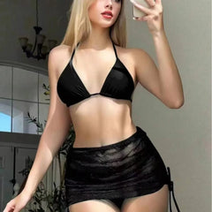 3 Pieces Solid Swimsuit Women Triangle String Bikini Sexy Swimwear Female With Drawstring Skirt Bathing Swimming Swim Suit