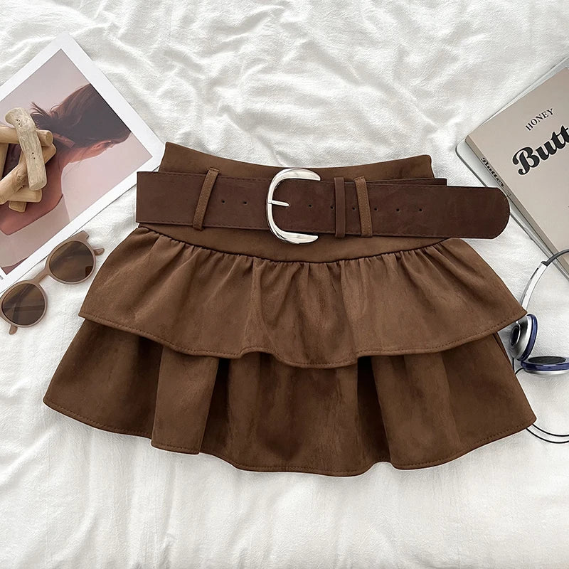 Tiered Ruffled Mini Skirt with Belt Built-in Shorts Thick Wool High Waisted Short Skirt Women Teen-girl Autumn Winter Y2K Outfit