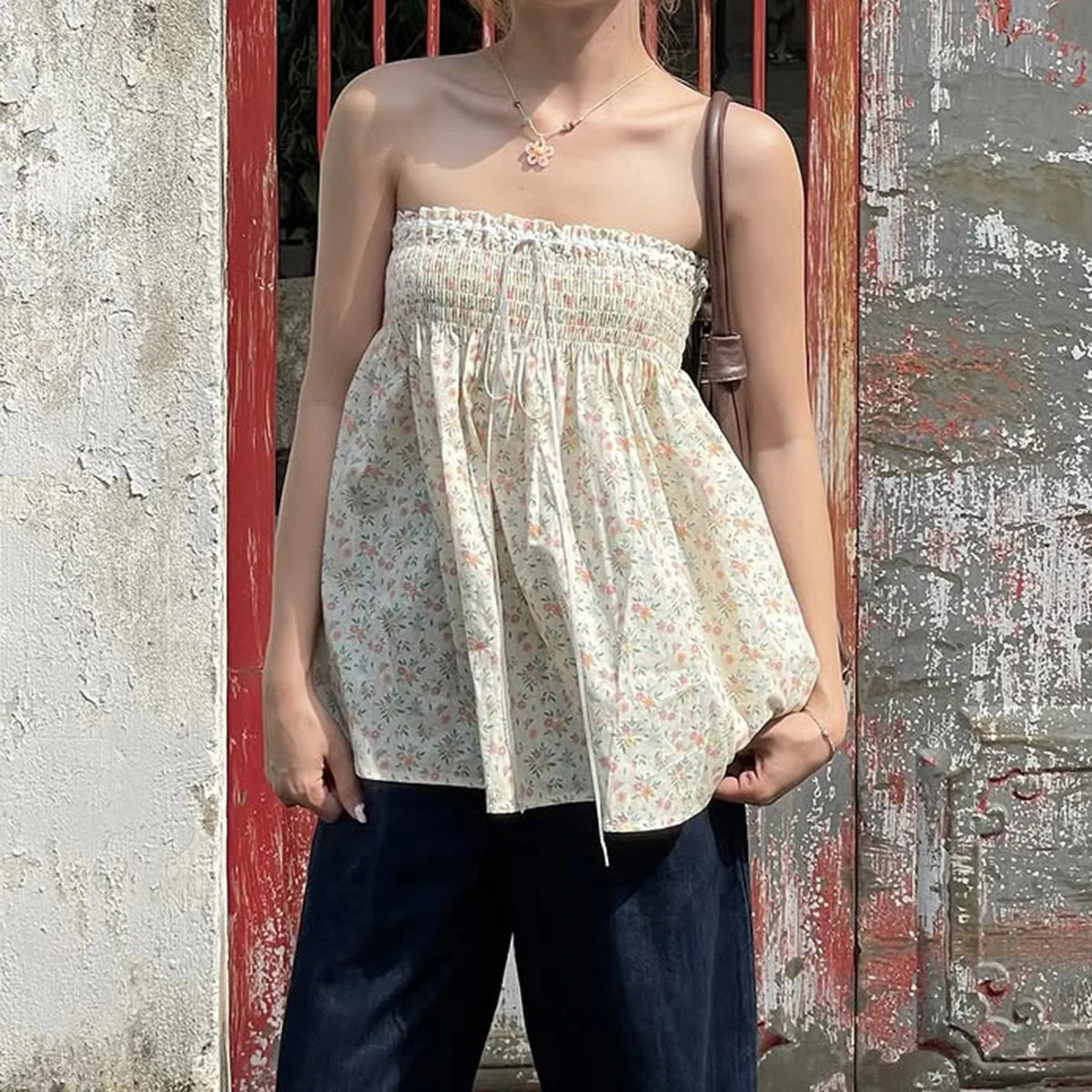 Y2k Elastic Bust Strapless Flowy Camisole Floral Graphic Print Tube Tops Fairycore Sweet Cute Off Shoulder Backless BabydollVest