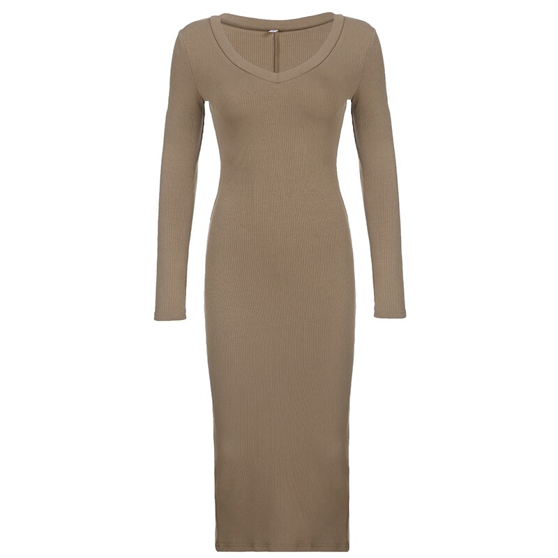 Khaki V-Neck Long-Sleeve Split Maxi Dress