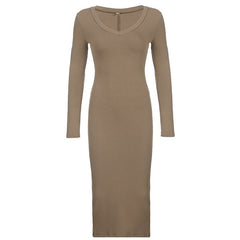 Khaki V-Neck Long-Sleeve Split Maxi Dress