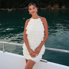 Stacked Decorative Sleeveless Halter Neck Short Dress New Fashion Chic Beige Party Dress Backless Vacation Summer Dresses