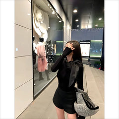 Pbong  Blackbow Sexyknit Long Sleeve T-Shirt Autumn Elegant Slimming Inner Base Top Bow Decoration Crew Neck Full Sleeve Chinese Made