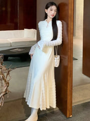 Elegant Lace Patchwork Knitted Dresses for Women Flare Sleeves Slim Mermaid Autumn Winter New Korean Fashion Vestidos Mujer