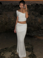 Solid Slim Long Skirt Suit For Women Slanted Shoulder Tank Top Sexy Ruched Splice High Waist Skirt Sets Summer New Ladies