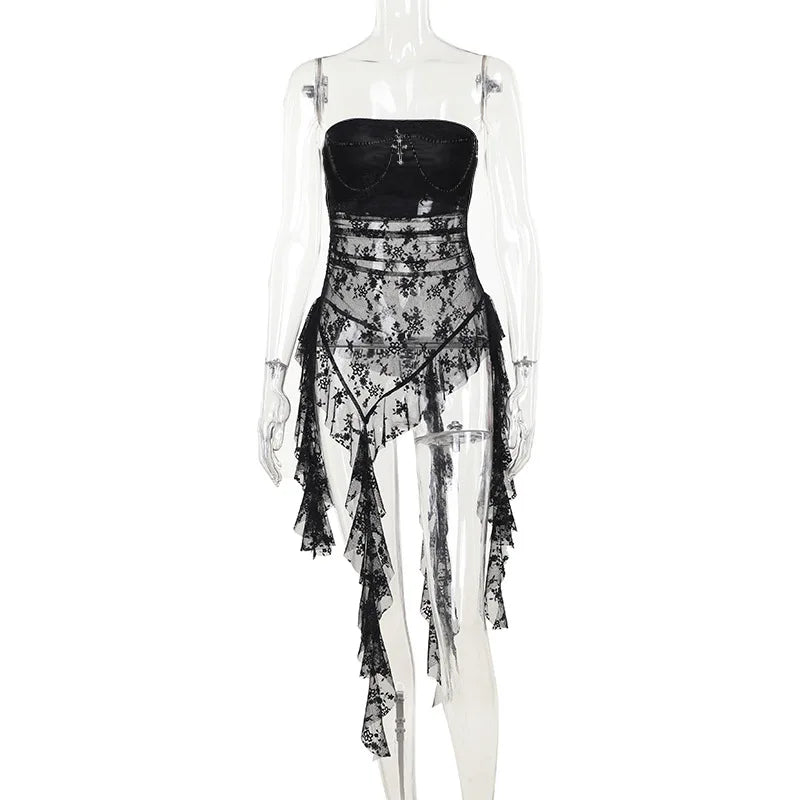 Gothic Lace Stitching Tube Tops Women's Sexy Harajuku Sleeveless Strapless Y2K Tops Rave Dance Cami Bandeau Tops
