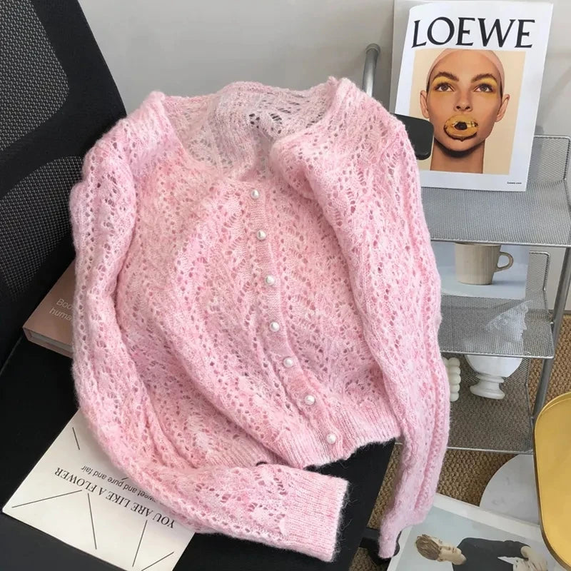 Women Knitted Cardigan Sweater Jacket Fashion Spring Autumn 2024 New Versatile Leisure Thin Style Hollowing Out Ladies Top Coat