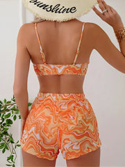 Print Three Piece Bikini High Waist Shorts Swimsuit Women Swimwear Female Bather Bathing Swimming Swim Suit Beachwear