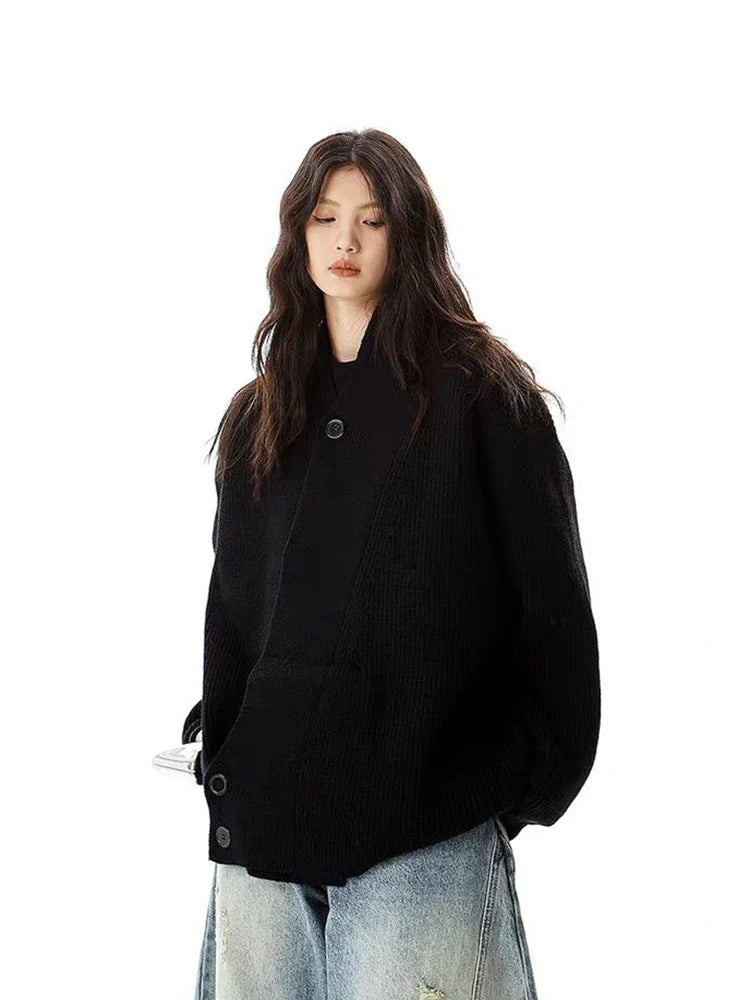 Hip Hop Y2K Gray Cardigan Sweaters Women Loose Streetwear V Neck Design Knitted Coat Casual Vintage Long Sleeve Bf Gothic Tops