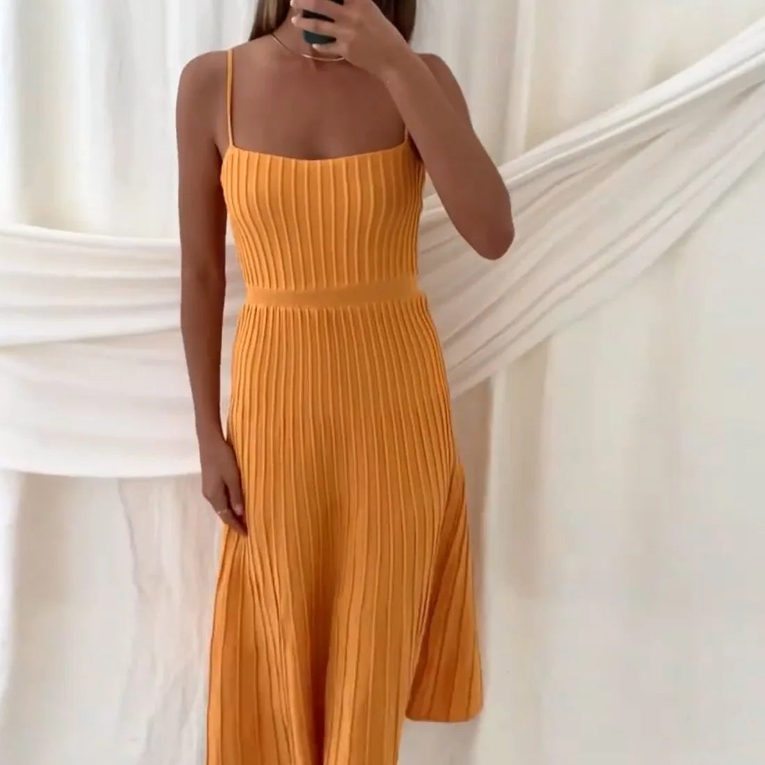 Women's High Waist Knit Dress Sleeveless Pleated Long Dress Casual Vacation Beach Slip Dresses Summer Fashion Female Clothing