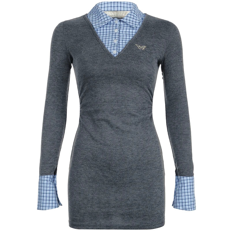 Korean Preppy Plaid Patchwork Button Lapel Women's Dresses Elegant Fairy Fashion Slim Contrast Short Vestido 2024s New