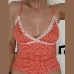 Women's Orange Vest Polka Dot Lace Trim Spaghetti Strap Camis Fairy Coquette V Neck Sleeveless Shirt Y2k 00s Cute Crop Tops