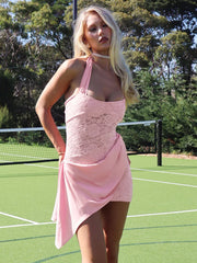 Lace Splice Halter Mini Dress Lace Up Irregular Ruched Sleeeveless Dress Elegant Sexy See Through Slim Party Outfits Lady