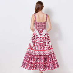 Summer Dress Women Runway Rose Flower Bohemian Spaghetti Strap Floral Print Backless Vacation Party Maxi Dresses