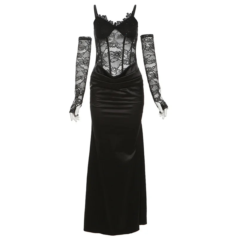 Lace Satin White Party Dresses Women Elegant Sexy V Neck Backless Maxi Dress with Gloves