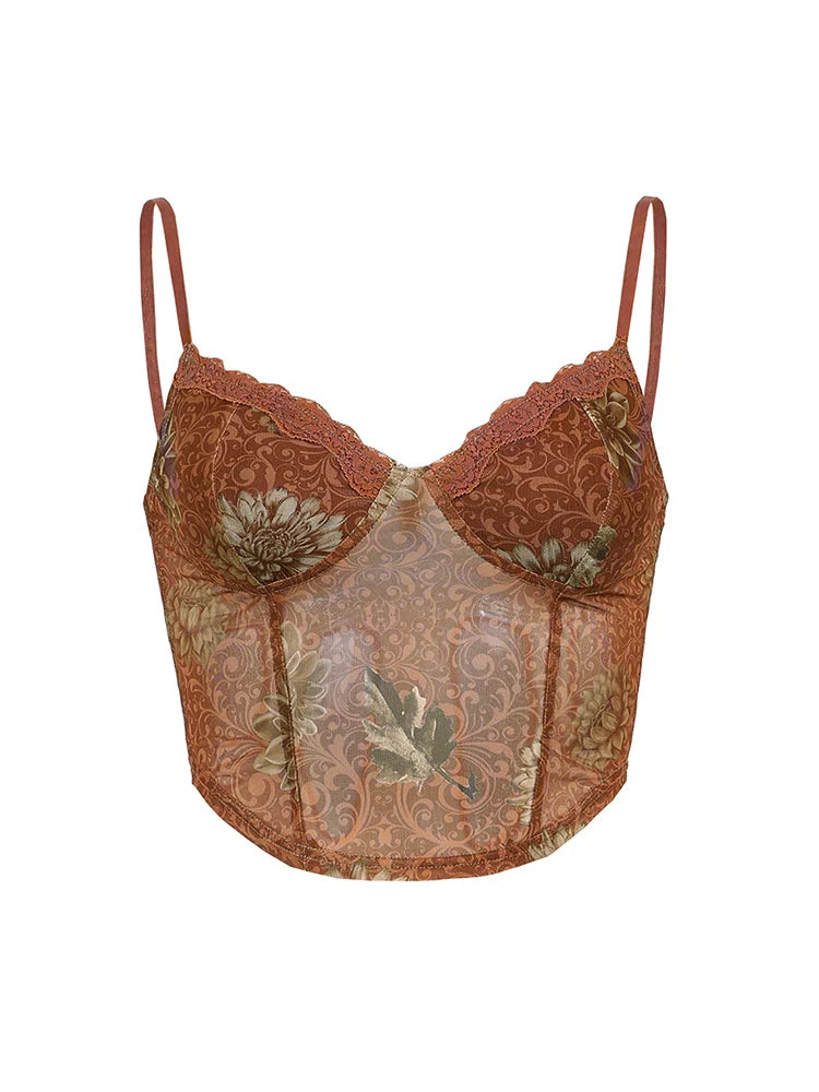 Floral Print Vintage Aesthetic Mesh Camisole Women Brown Cute Y2K Crop Top