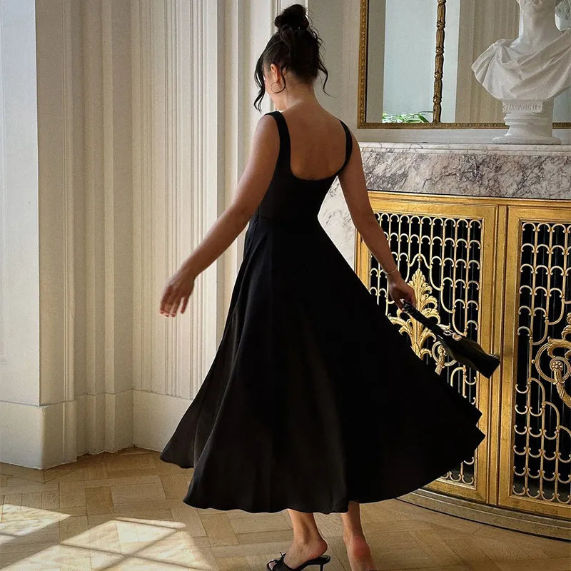 Fashion Backless O-neck A-line Dress For Women Elegant Short Sleeve High Waist Maxi Dresses New Street Vocation Robes