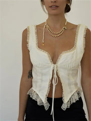 y2k Women Floral Lace Patchwork Vest Top Sleeveless Low-Cut Tie-Up Chest Vintage Summer Camis Irregular Hem Tank