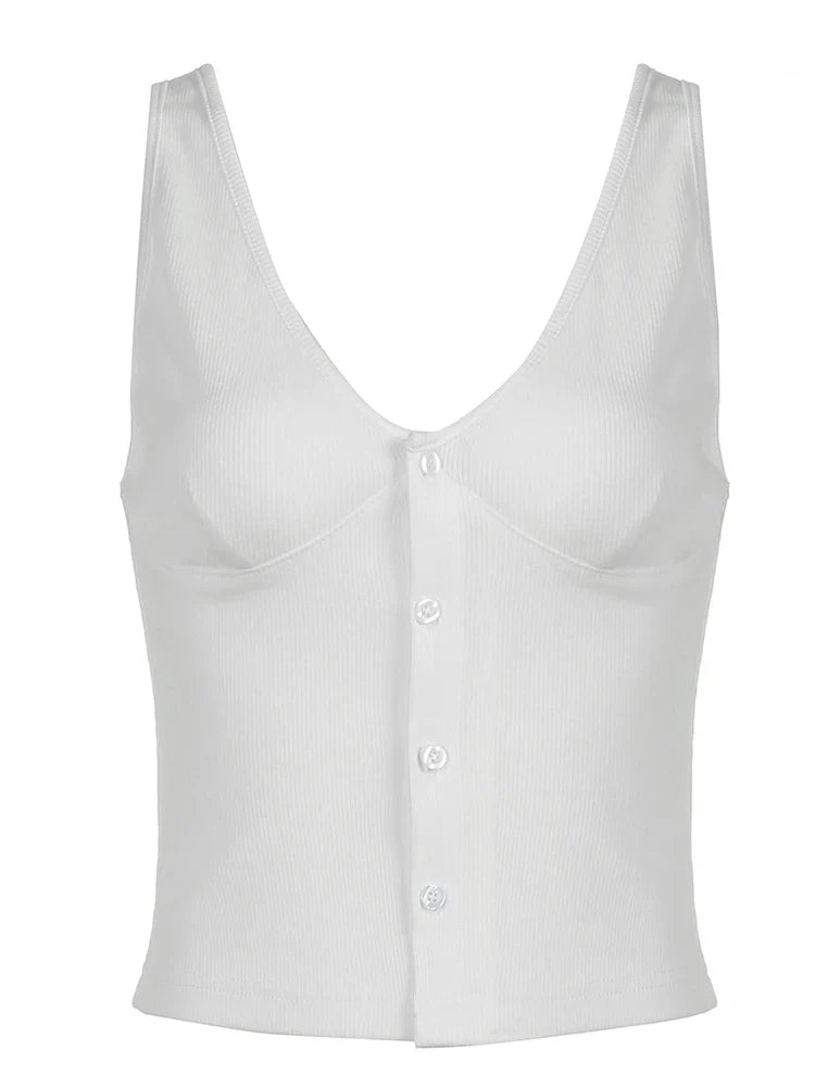 Sweetown Button Up V Neck Sleeveless Ribbed Vest White Solid Basic Casual Tank Top Women Elegant Fashion Crop Cardigan Shirts